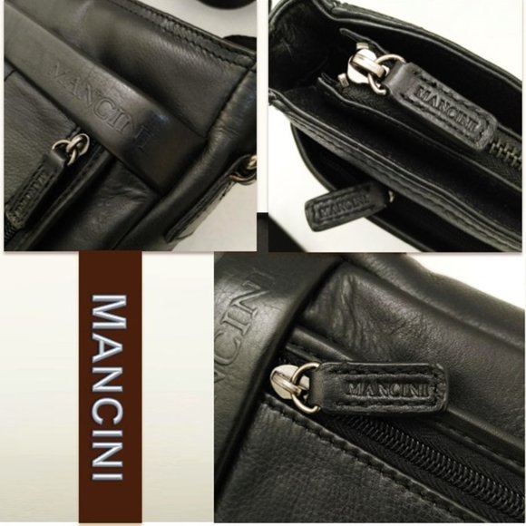 MANCINI Unisex Black Leather Vertical Messenger Bag Padded Shoulder Cros… - Picture 9 of 13